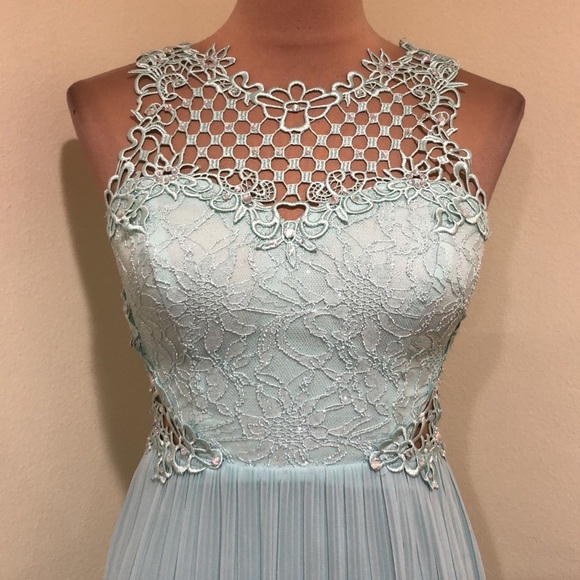 City Triangles Formal Maxi Dress Size 7 Pastel Aqua Blue Floral Lace Rhinestones - Picture 3 of 9